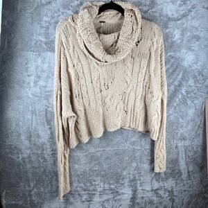 Free People Slouchy Cowl Neck Knit Sweater Women's M Cream Chunky Cable Pullover